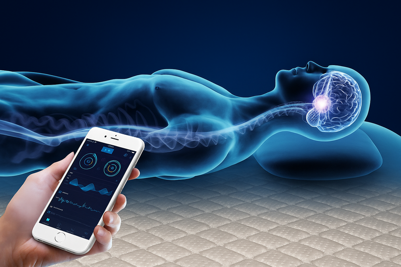 Person using a smartphone app on a mattress with a digital representation of a brain above them.