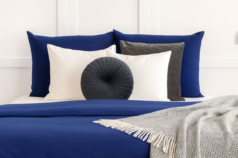 Bed with blue and gray pillows and a blanket on a white wooden panel background
